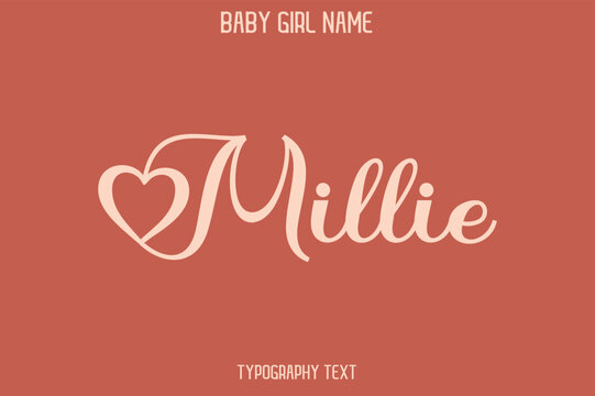 Millie Woman's Name Cursive Hand Drawn Lettering Vector Typography Text on Dark Pink Background