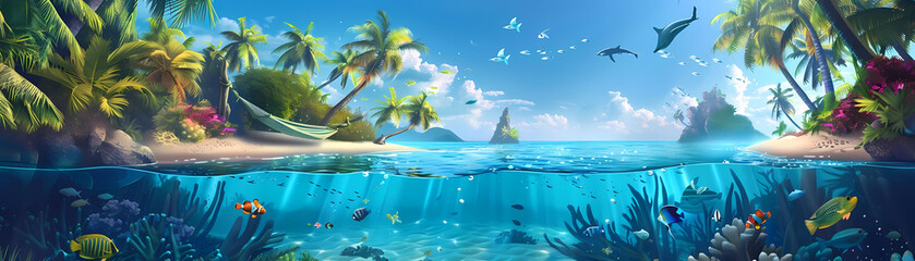 tropical island paradise illustration featuring a variety of colorful fish swimming in the crystal blue waters, with palm trees and a clear blue sky in the background