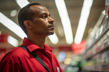 Fototapeta premium Friendly experienced supermarket store department worker professional at workplace Generative AI illustration