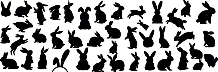 rabbit silhouettes, various bunny vector lively poses, rabbit, bunny, hare on white background. Perfect for Easter, pet, animal themes