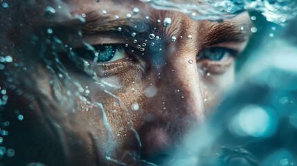 Fototapeta premium A mesmerizing close-up photo of a man's eyes beneath a layer of water, highlighting a reflective and introspective gaze