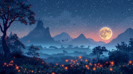 Landscape of a jungle night with moon