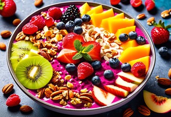 colorful fruit nut smoothie vibrant breakfast delight assorted toppings, almond, apricot, banana, berries, blackberry, blueberry, bowl, cherry, citrus - Powered by Adobe