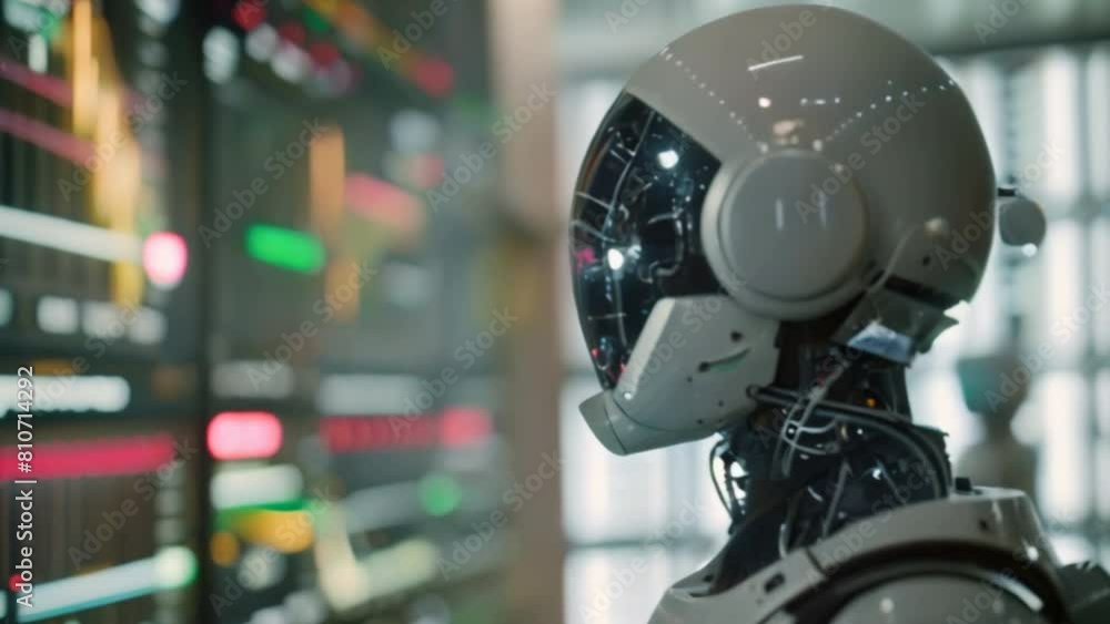 Poster a robot stands in front of a computer screen with lots of numbers and lines showing investment growt