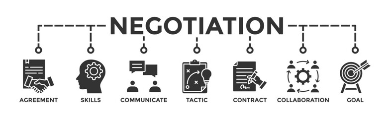 Negotiation banner web icon vector illustration concept for business deal agreement and collaboration with icon of skills, communicate, tactic, contract, and goal