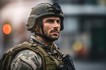 Image of courageous brave young soldier created with generative AI technology