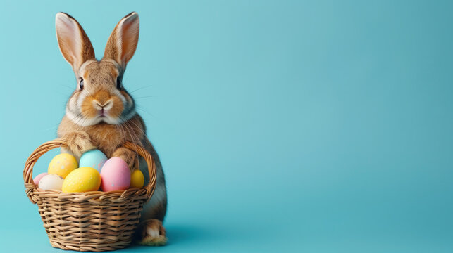 Cute Easter bunny poses with a basket of colorful eggs on a light blue background.