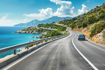 highway view on ocean beach. road landscape in summer. Landscape of a highway in the Mediterranean. The car is driving on the roads of Europe. coastal road in Europe. Colorful seascape of the Mediterr