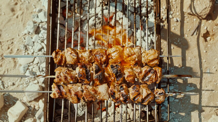 Juicy Chicken and Vegetable Skewers Grilling Over Flames