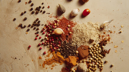 Artistic Display of Spices on Wood Background