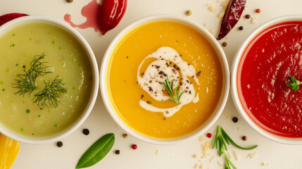Assorted Fresh Vegetable Soups in Ceramic Bowls