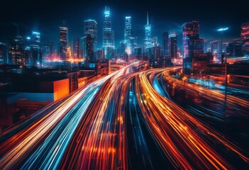 illustration, vibrant urban long exposure cityscapes traffic city lights streaks, skyline, buildings, skyscraper, tower, architecture, streets, highways