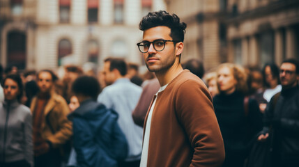 Young Man with Glasses Standing Alone Amongst Diverse Crowd - obrazy, fototapety, plakaty
