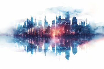 A futuristic watercolor of a city skyline at dusk, glowing with lights, isolated white background