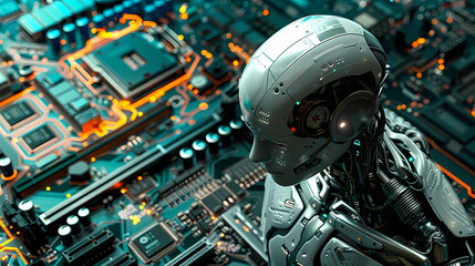 Fototapeta premium Digital representation of AI Artificial intelligence chatbot welded or connected to the computer motherboard - Generated by Generative AI