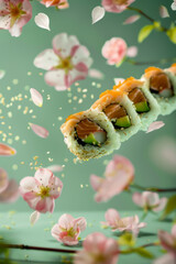 Floating Sushi Set with Blossoms on Pastel Background