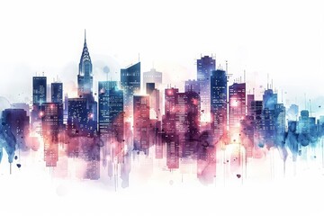 Obraz premium A futuristic watercolor of a city skyline at dusk, glowing with lights, isolated white background