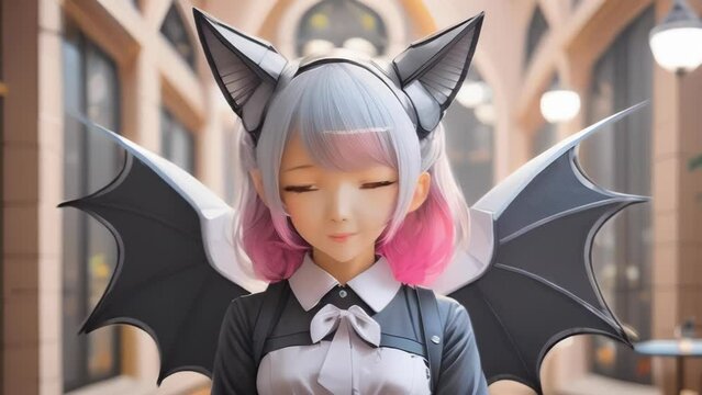 An anime cosplayer poses on a city street with large, white bat wings. She has pink and gray hair and wears a silver, armored top and black cape.