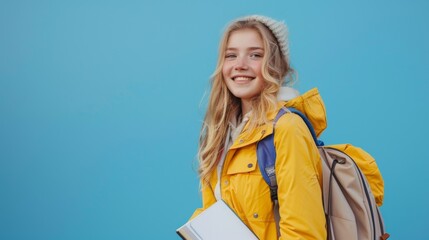 Obraz premium Happy Student with Yellow Backpack