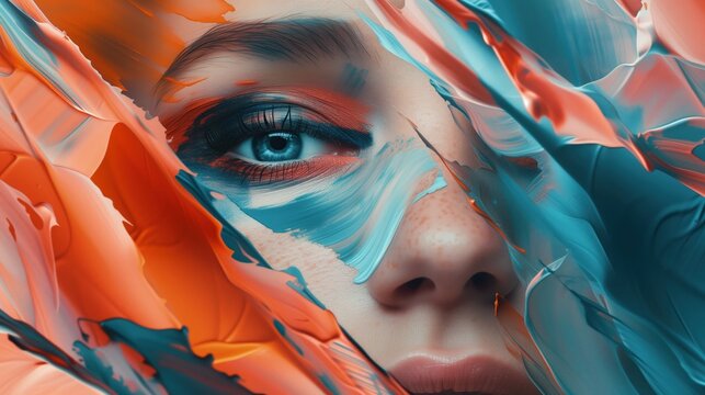 Bliska rzut na twarz kobiety, która ma na sobie kolorowe malowidło. Malowidło jest widoczne w szczegółach, tworząc interesujący wzór na skórze