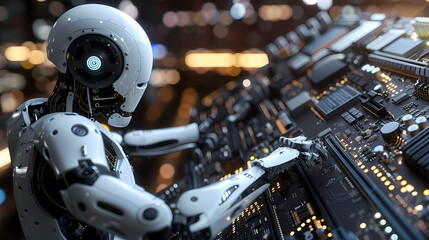 Fototapeta premium Digital representation of AI Artificial intelligence chatbot welded or connected to the computer motherboard - Generated by Generative AI