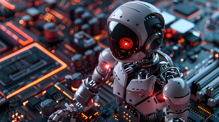 Fototapeta premium Digital representation of AI Artificial intelligence chatbot welded or connected to the computer motherboard - Generated by Generative AI