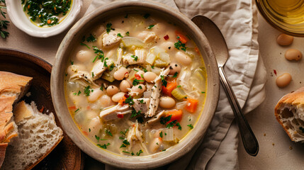 Tuscan Bean Soup with Chicken and Vegetables in Rustic Bowl