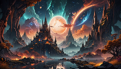 Obraz premium Fantasy Royal Castle Theme With a Galaxy Sky filled with planets