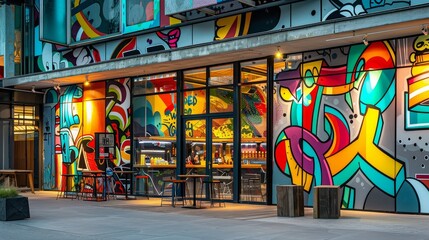 Graffiti Art of a vibrant, streetart inspired skate shop facade, with dynamic, colorful murals depicting iconic skateboarding tricks like the ollie and kickflip