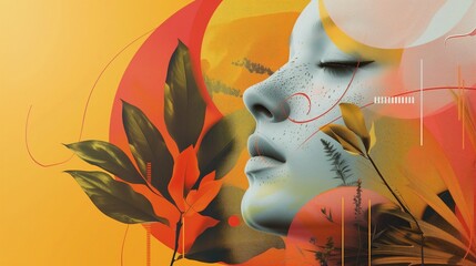 Obraz przedstawia twarz kobiety otoczoną liśćmi. Portret jest głównym elementem kompozycji, przyćmiony przez zieloną roślinność