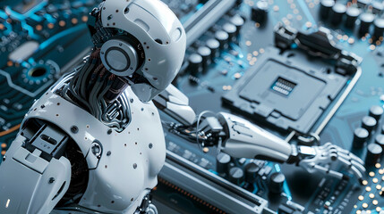 Fototapeta premium Digital representation of AI Artificial intelligence chatbot welded or connected to the computer motherboard - Generated by Generative AI