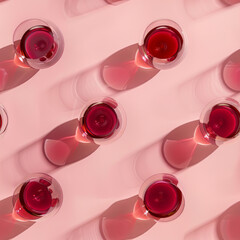 Overhead View of Red Wine Glasses on Pink Surface