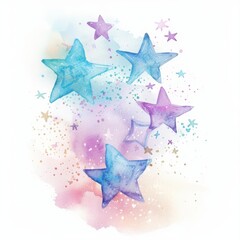 Obraz premium A kawaii watercolor of a cluster of stars, twinkling softly, isolated minimal with white background