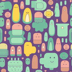 Whimsical Cartoon Characters and Shapes on Purple Background