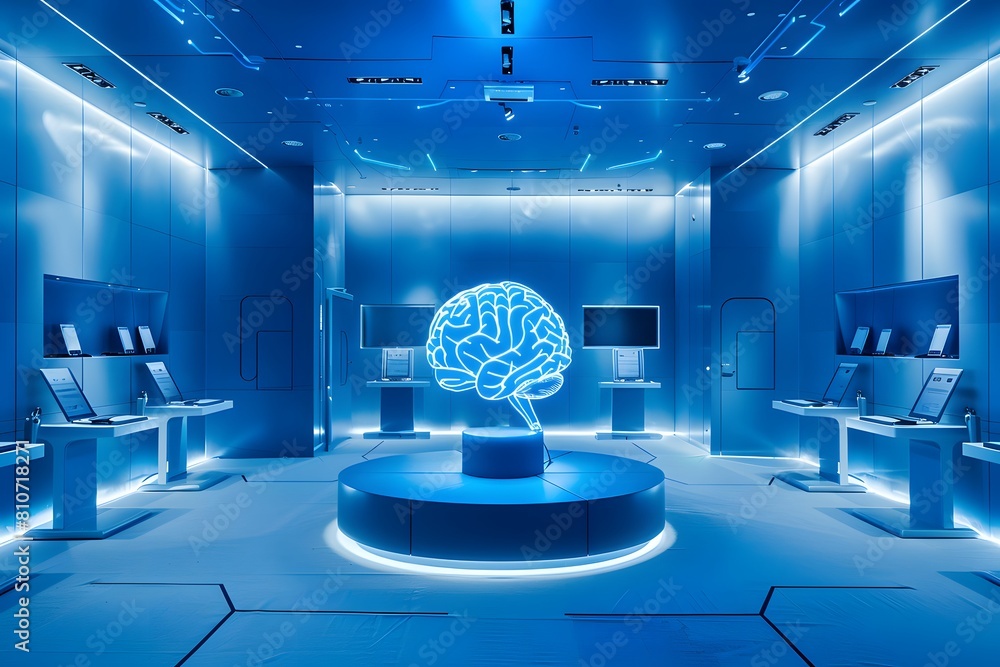 Poster a blue room with laptops and a brain-shaped structure in the center, symbolizing artificial intellig