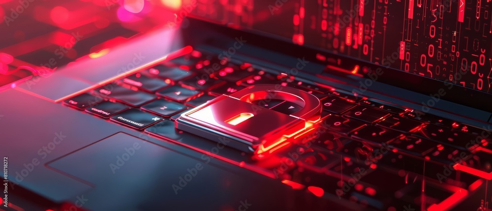 Poster cybersecurity concept with a fortified laptop displaying a lock symbol, emphasizing robust digital p