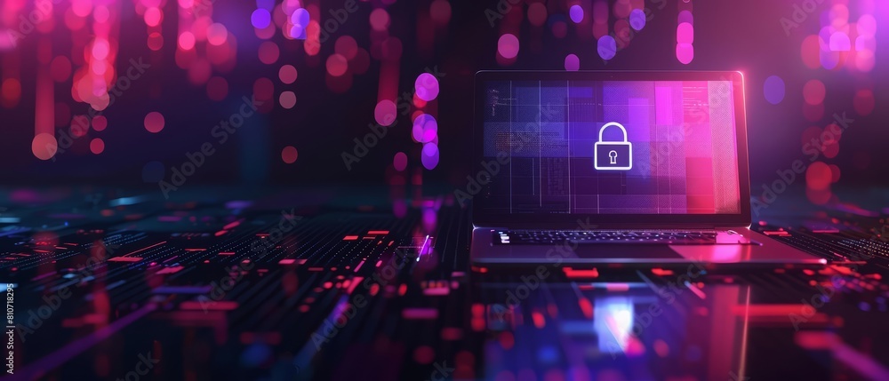 Poster cybersecurity concept with a fortified laptop displaying a lock symbol, emphasizing robust digital p