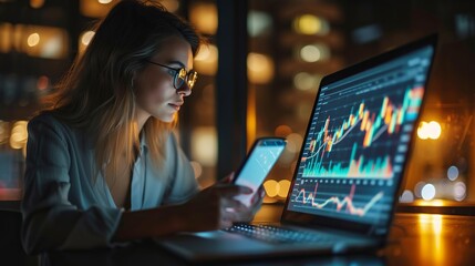 Focused businesswoman analyzing financial trends on laptop and tablet with candlestick charts in modern office setting