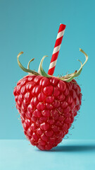 Creative Raspberry with Striped Straw on Blue Background
