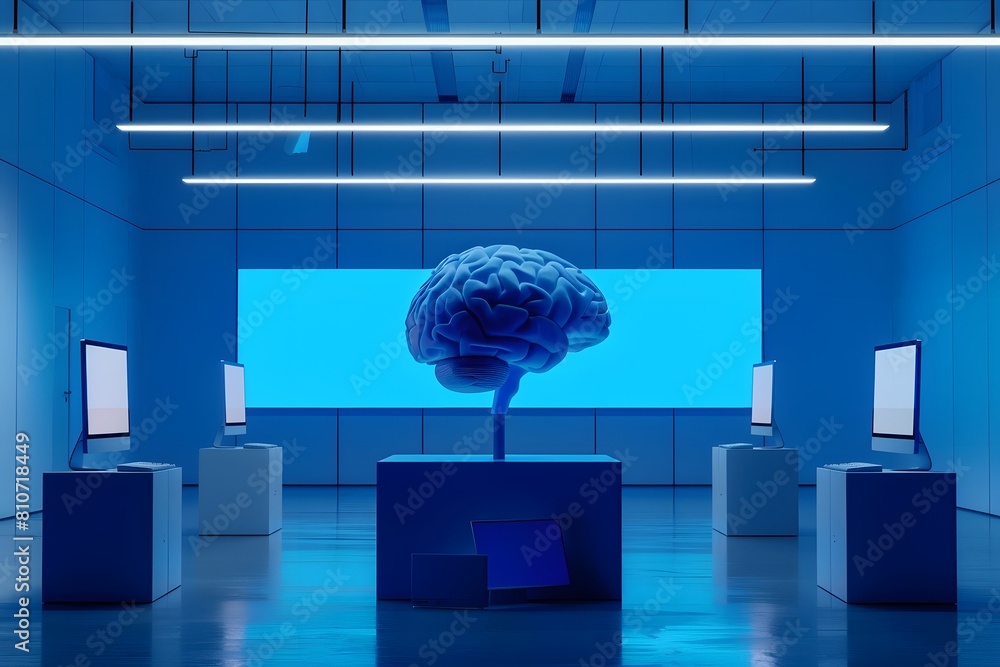 Poster a blue room with laptops and a brain-shaped structure in the center, symbolizing artificial intellig