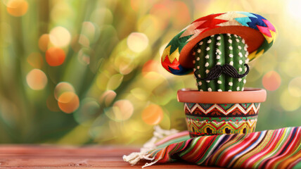 Festive Cactus in Mexican Hat on Wooden Table