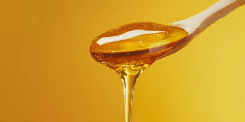 Closeup of honey dripping off a wooden dipper, isolated on yellow background