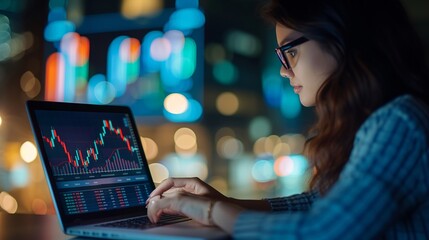 Focused businesswoman analyzing financial trends on laptop and tablet with candlestick charts in modern office setting