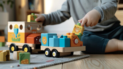 Fototapeta premium A child is playing with a wooden toy train set, which has a truck and a car
