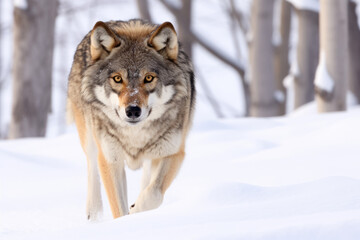 Portrait of Eurasian wolf on snow during sunny day in the forest