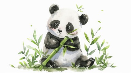 A kawaii watercolor of a panda munching bamboo, adorable and peaceful, isolated minimal with white background
