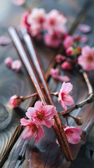 Cherry Blossoms and Chopsticks on Rich Wooden Background