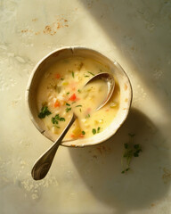 Coconut Curry Soup with Fresh Vegetables in Sunlight