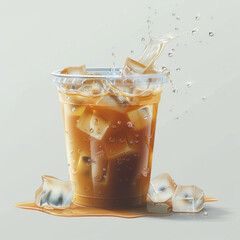 A dynamic scene of spilled iced coffee with splashes and stray ice cubes