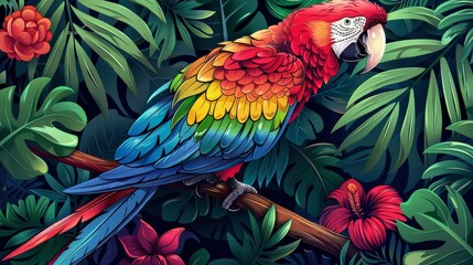 Fototapeta premium coloring book A multi-colored Macaw parrot sits on a branch in a lush tropical rainforest with green leaves and red flowers.